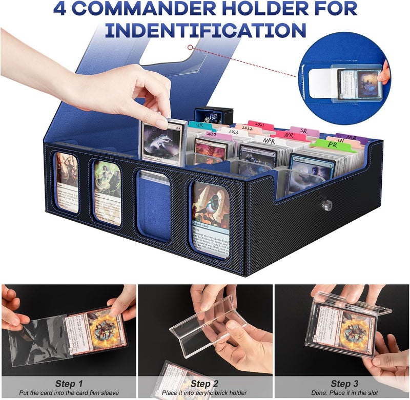 Gomyrod 3200+ Trading Card Storage Box with Commander Display, 4-Row TCG Card Box with Portable Handle, Compatible for TCG/MTG/Magic Cards, 30 Colorful Divider, 8 Supporters, US Design Patent (Black&Blue) - Image 3